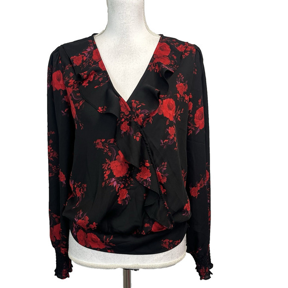BCX Blouse size Large Black Red Roses Ruffle Smocking Wedding Career Church - Picture 1 of 10